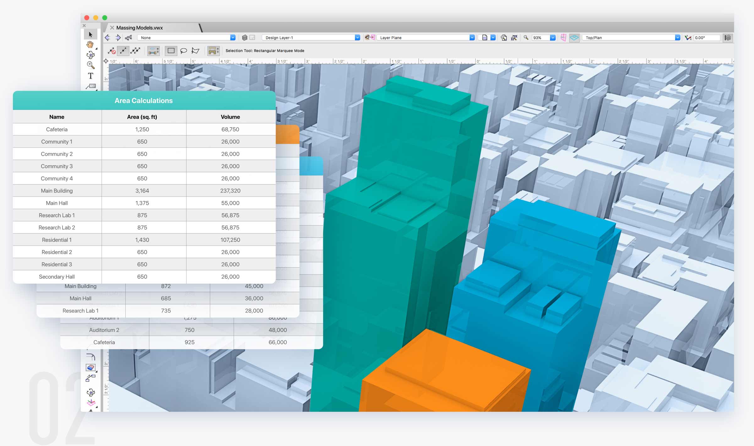 Architect interface with area calculations from massing models