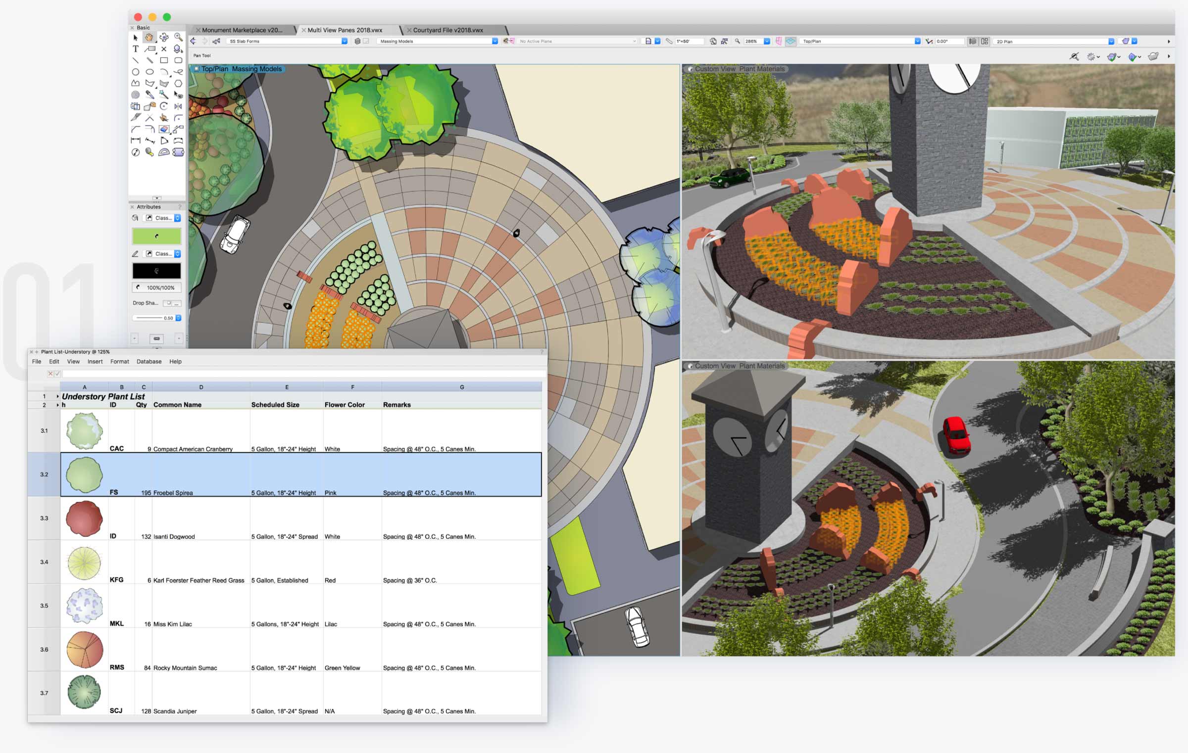 Landmark interface with drawing, 3D models, and plant list